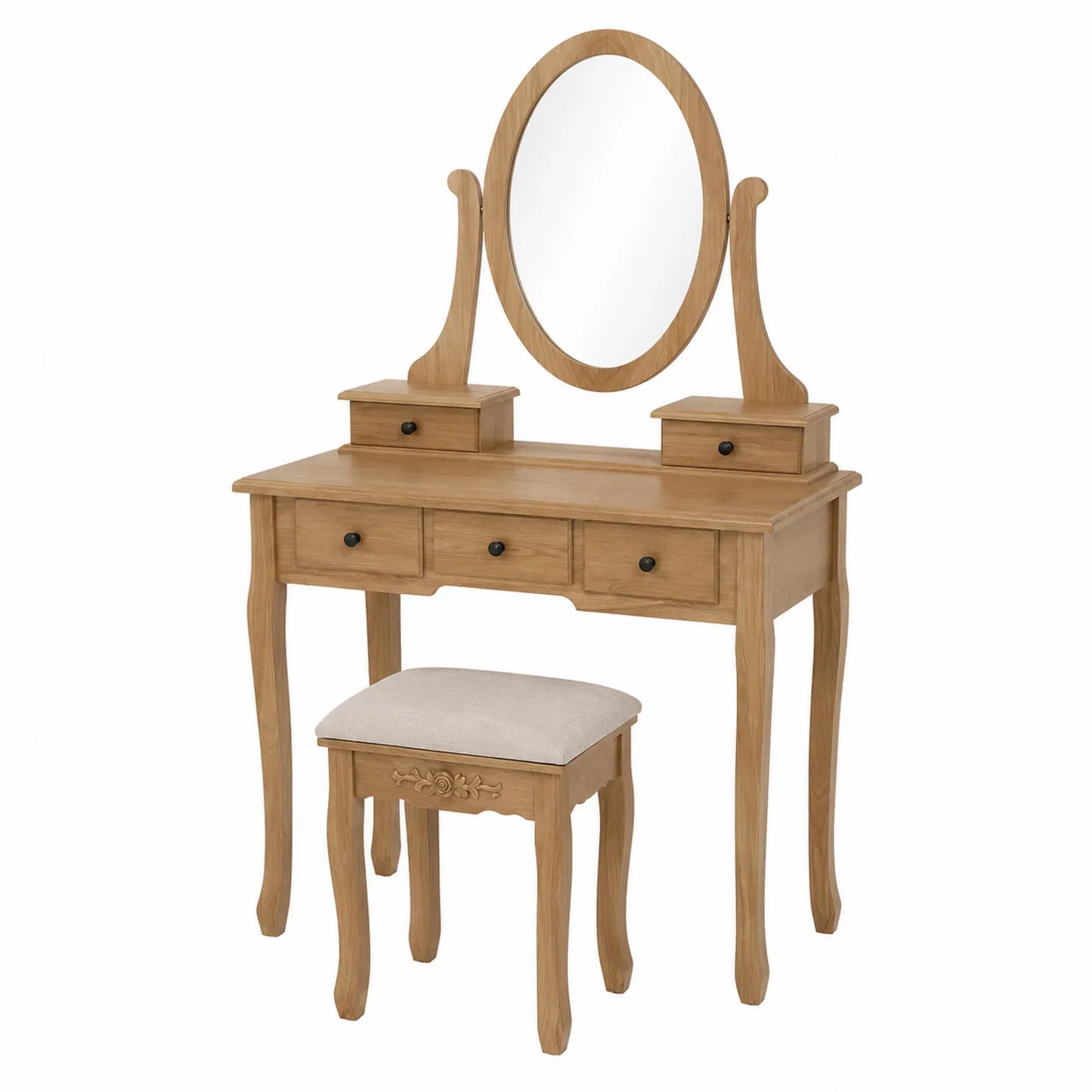 Coiffeuse en bois avec miroir ovale et tabouret beige