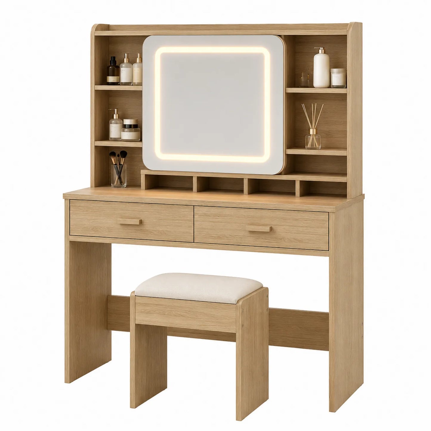 Coiffeuse en bois d'ingénierie avec miroir LED et tabouret