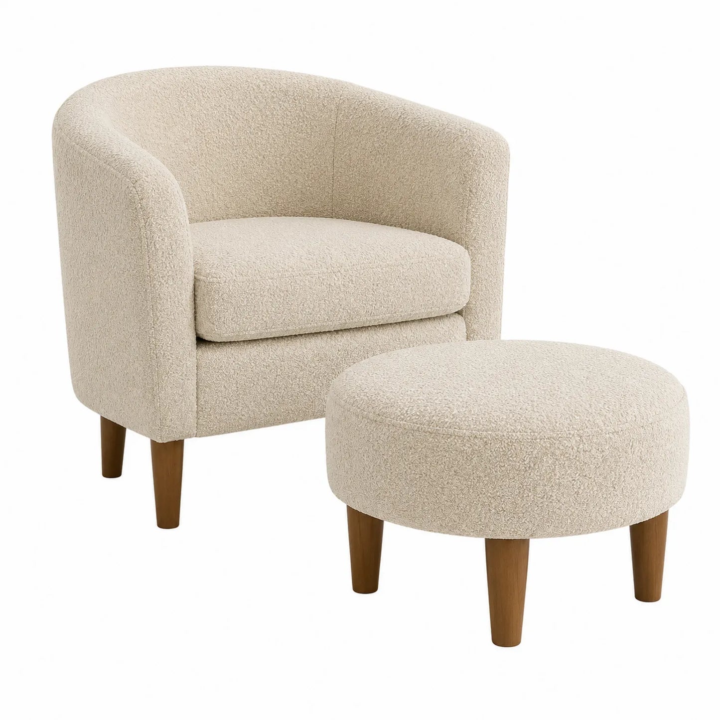 Ensemble fauteuil et pouf en tissu bouclé beige avec pieds en bois