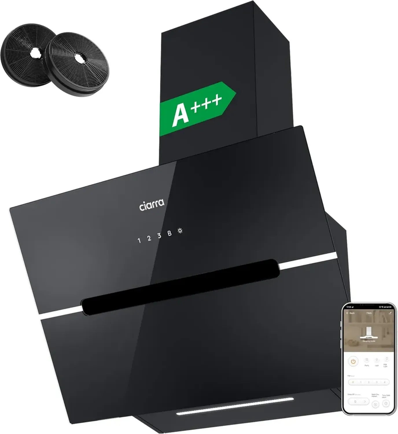 Hotte Murale Ciarra 60cm, 650m³/h, Wi-Fi, Boost, Verre Noir Élégant