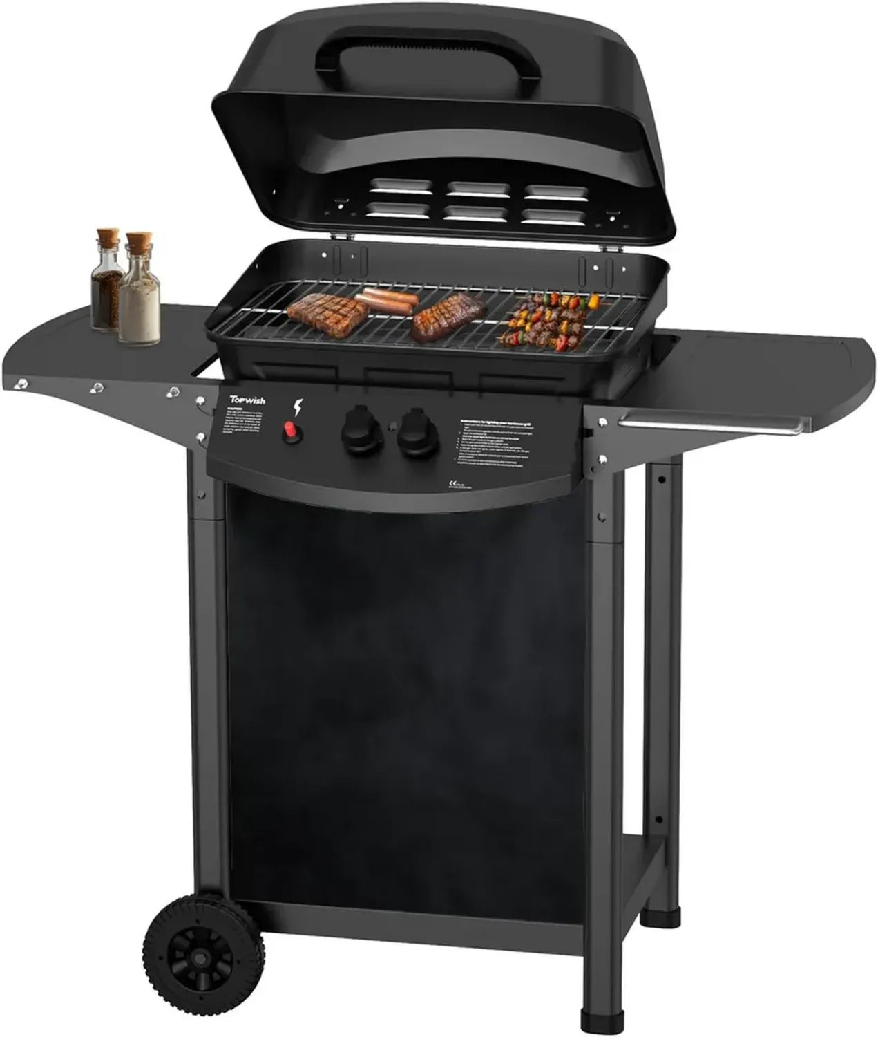 Gril à gaz Topwish 2 brûleurs, plancha extérieure avec étagère pliable et roulettes, 6000W, 106x56x104 cm