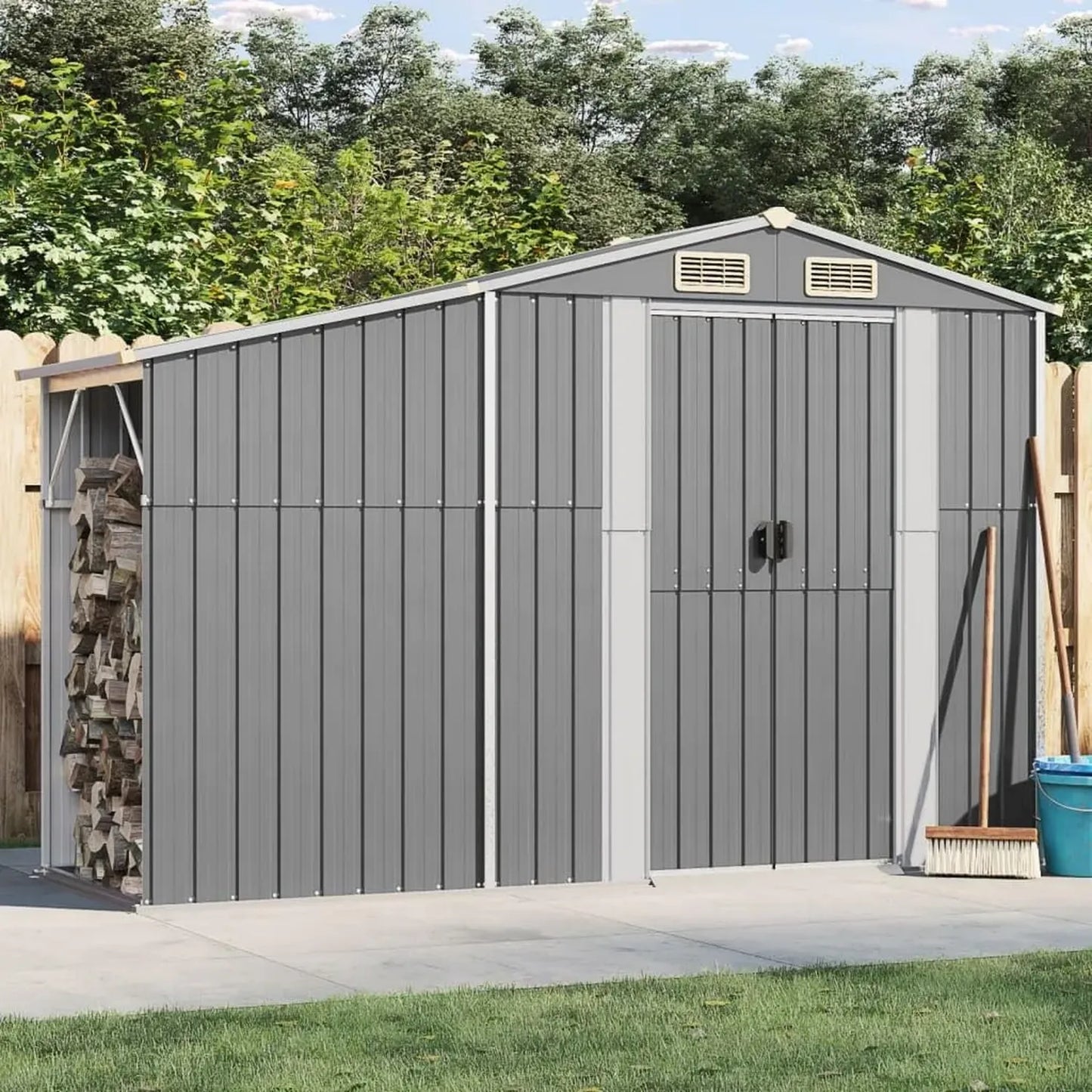 Cabane de Jardin Métallique Gris 277x93x179 cm en Acier Galvanisé, Rangement Extérieur