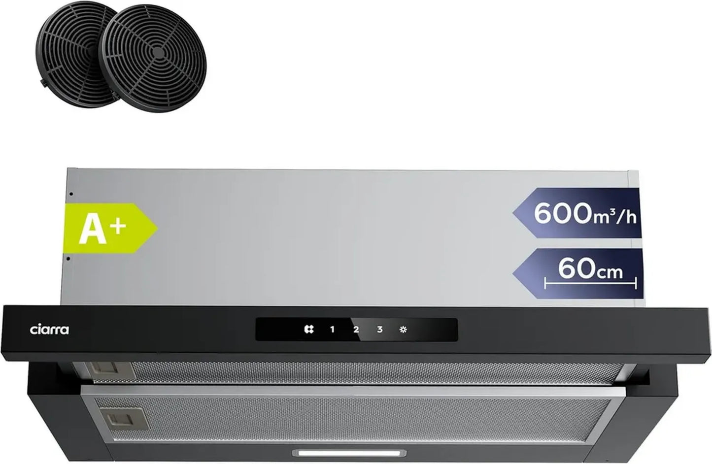 Ciarra Hotte Téléscopique 60cm 600m³/h A+ avec Commande Tactile et Filtre à Charbon, Noire