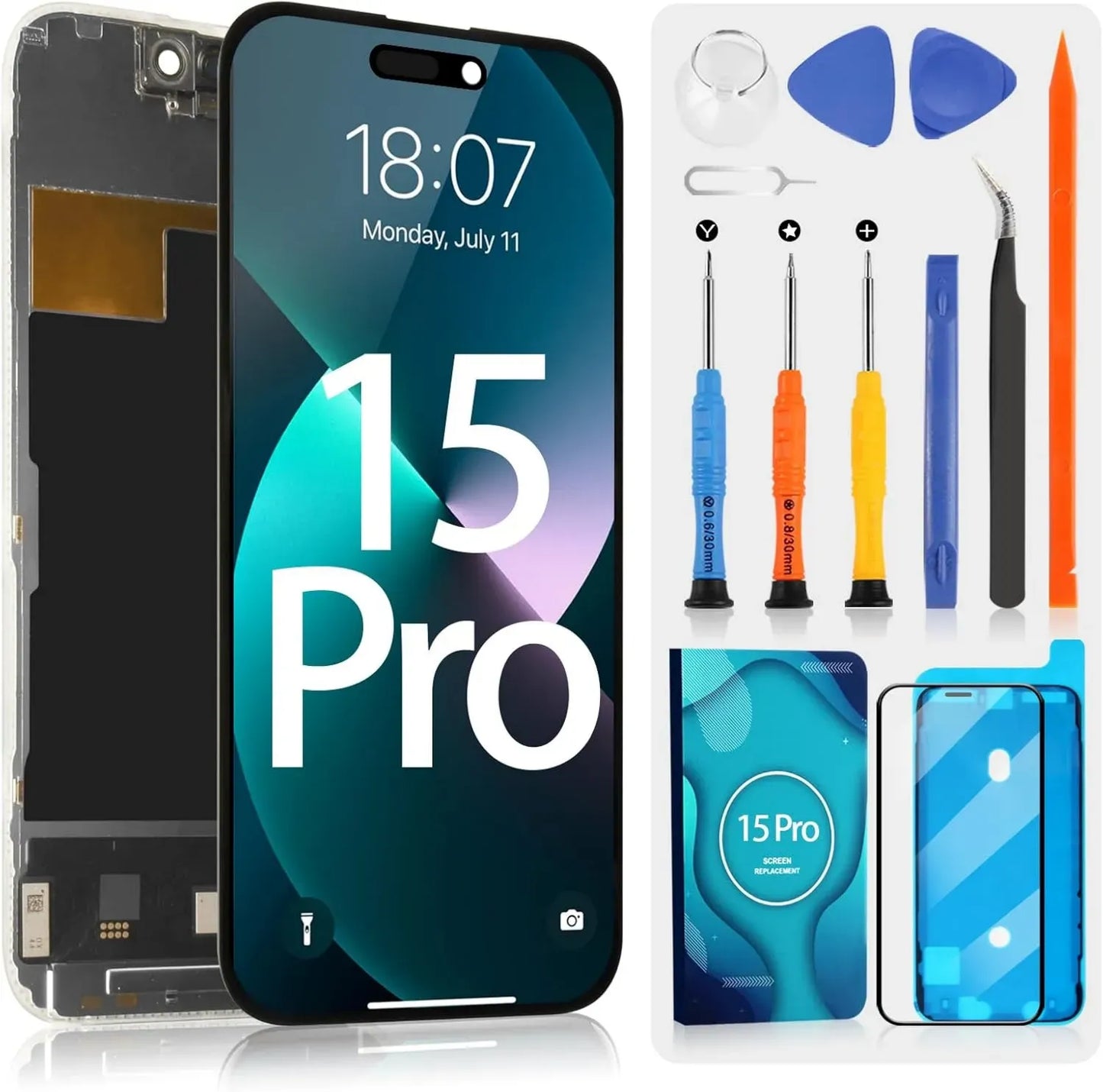 Écran OLED de Remplacement pour iPhone 15 Pro, Compatibilité A2848, A3101, A3104, A3102, 6,1 Pouces, Assemblage Complet Noir avec Kit de Réparation