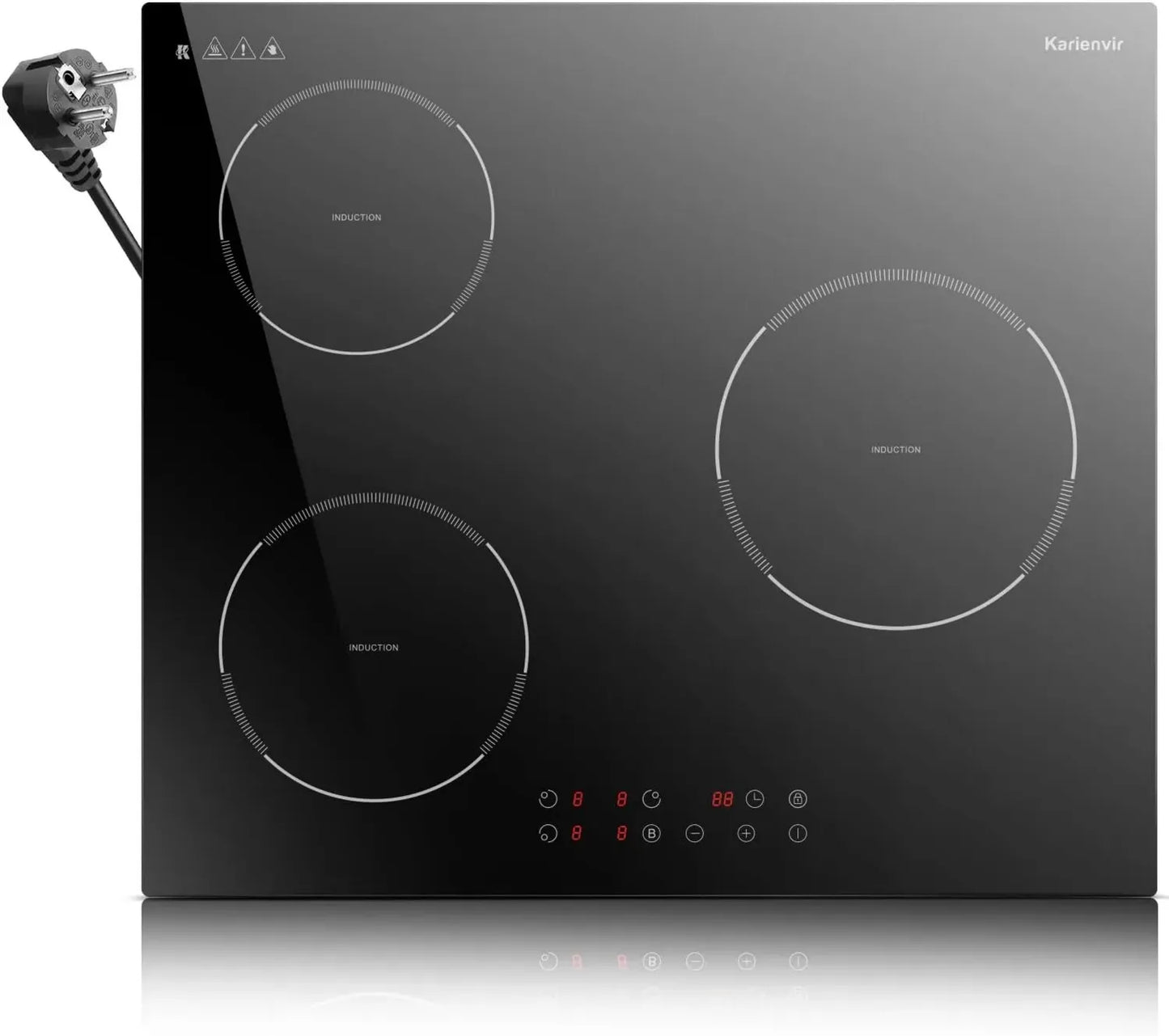 Plaque à induction 60cm, 3500W, 3 zones de cuisson, tactile, fonction Boost, minuterie, sécurité enfants