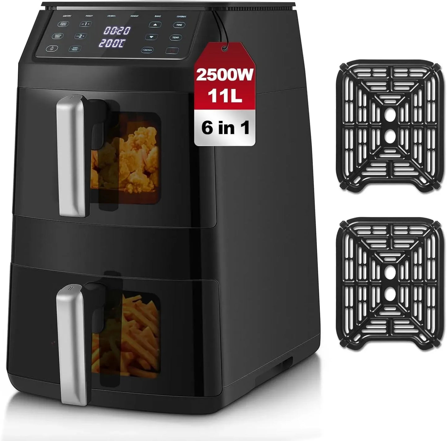 Friteuse à Air 11L TopStrong, Double Tiroir à 2500W, Température Réglable 40–220°C, 6 Modes de Cuisson, Design Économique en Espace