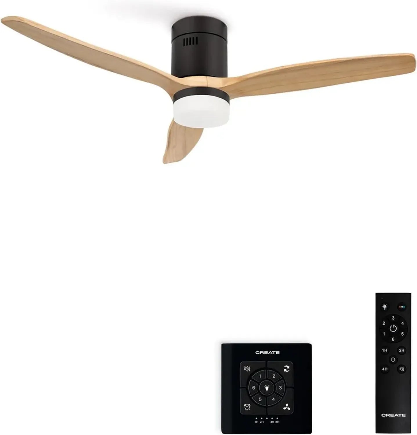 Ventilateur de Plafond Noir avec Lumière et Télécommande, Effet Bois Clair, Silencieux, 132 cm, 6 Vitesses, Mode Été/Hiver