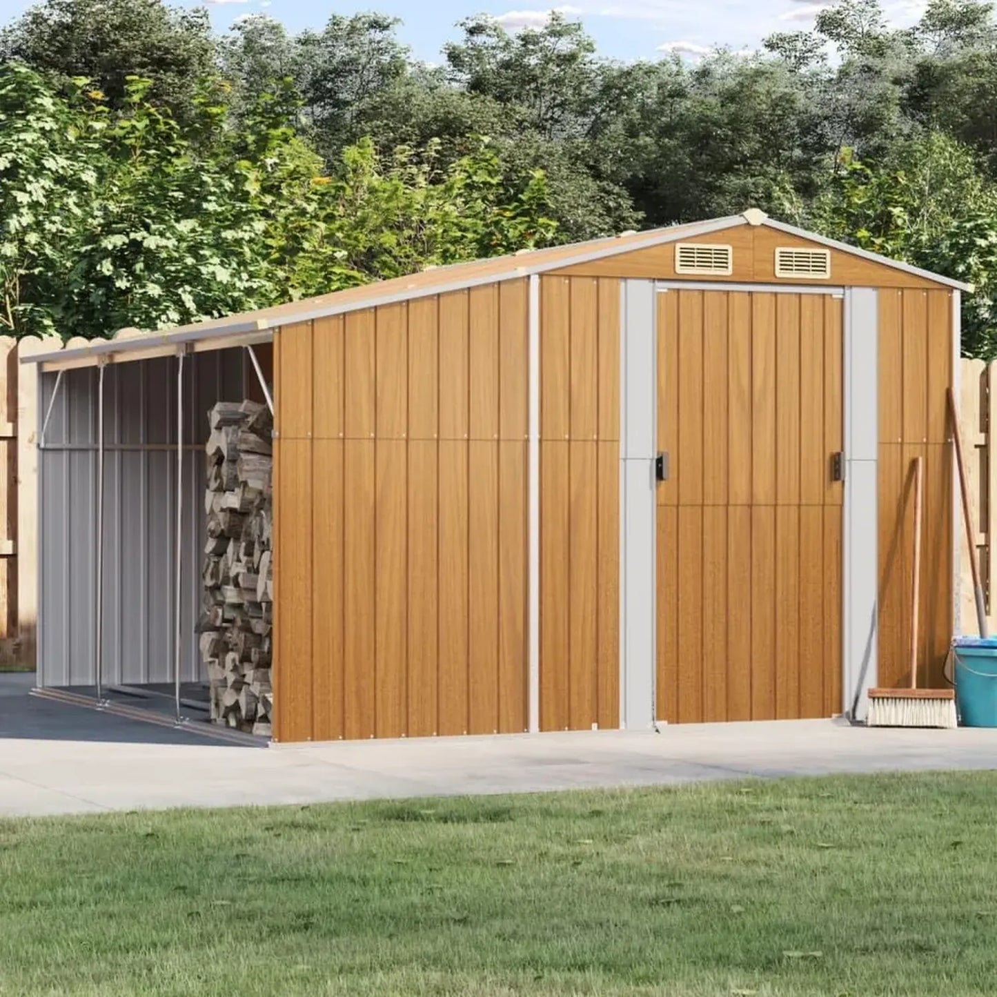 Cabane de jardin en acier galvanisé avec rangement pour bois et aérations, 277 x 279 x 179 cm, Marron clair