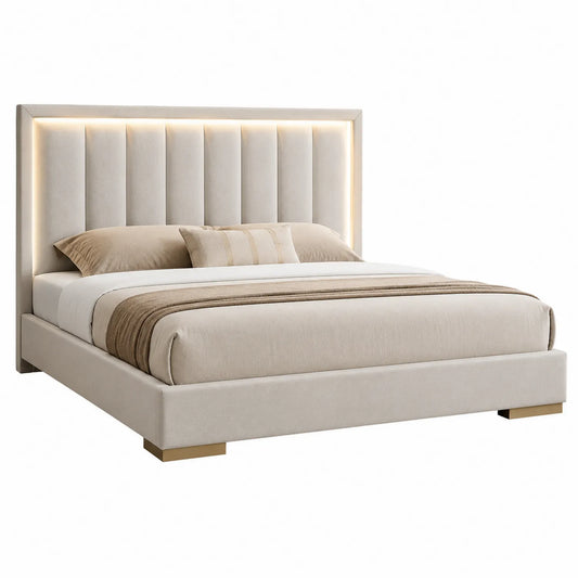 Lit double avec tête rembourrée et éclairage LED en tissu beige 200x160 cm