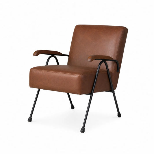 Fauteuil en cuir synthétique marron avec structure en métal noir