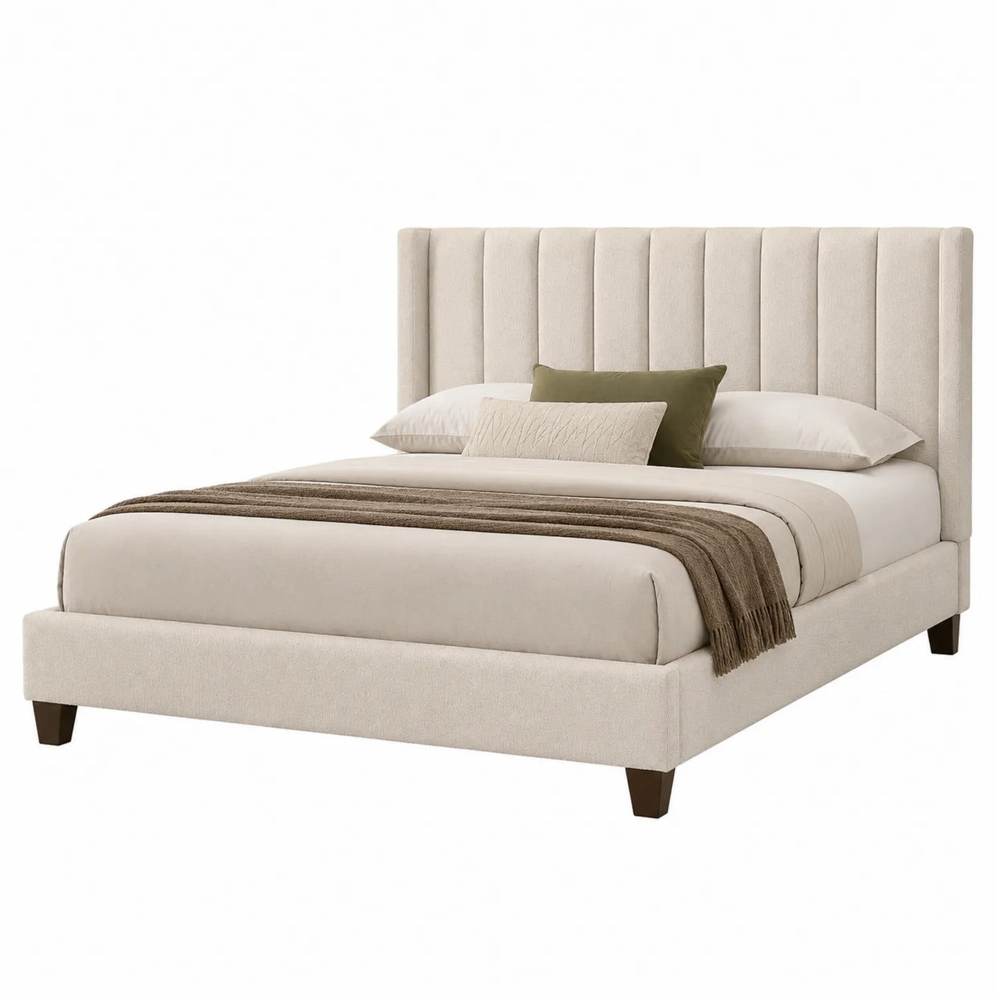 Lit double en bois et tissu beige
