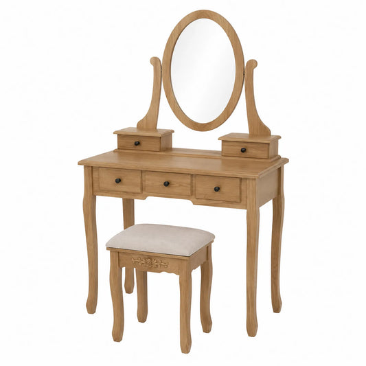Coiffeuse en bois avec miroir ovale et tabouret beige
