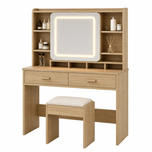 Coiffeuse en bois d'ingénierie avec miroir LED et tabouret