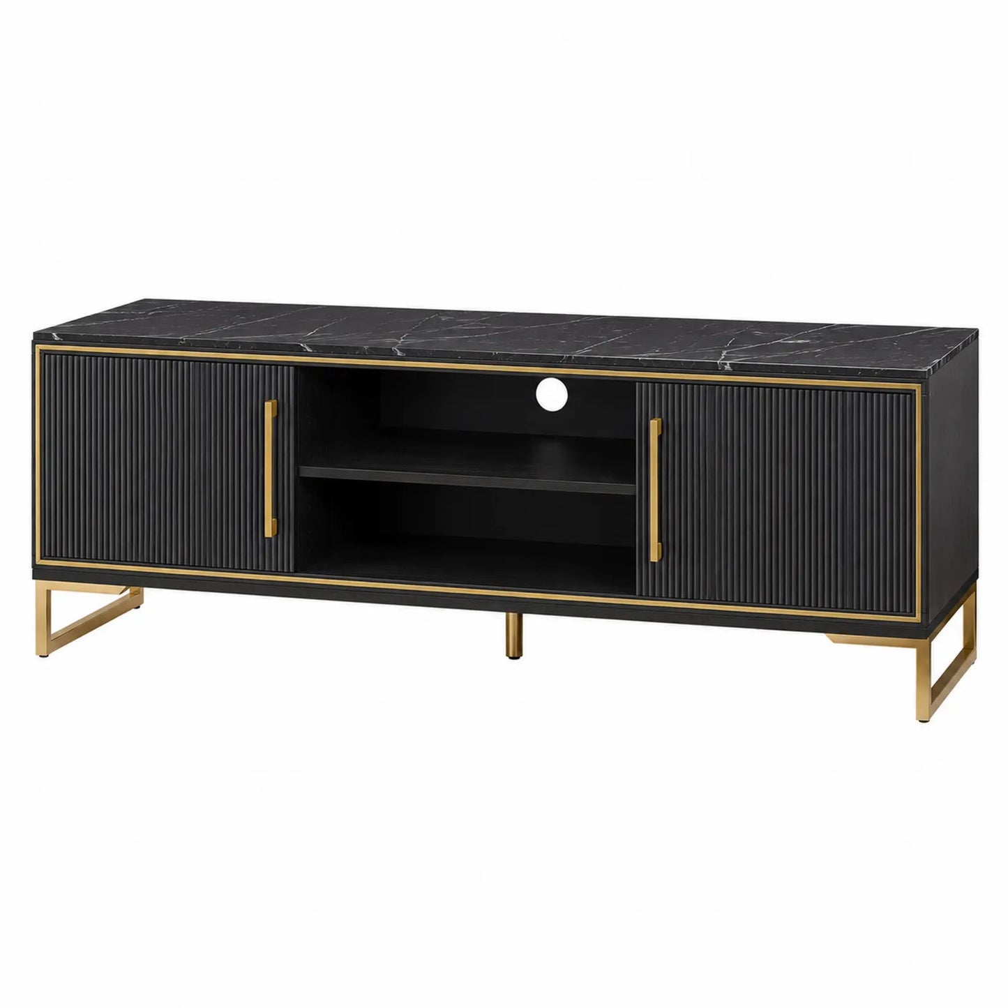 Meuble TV en bois avec détails métalliques dorés