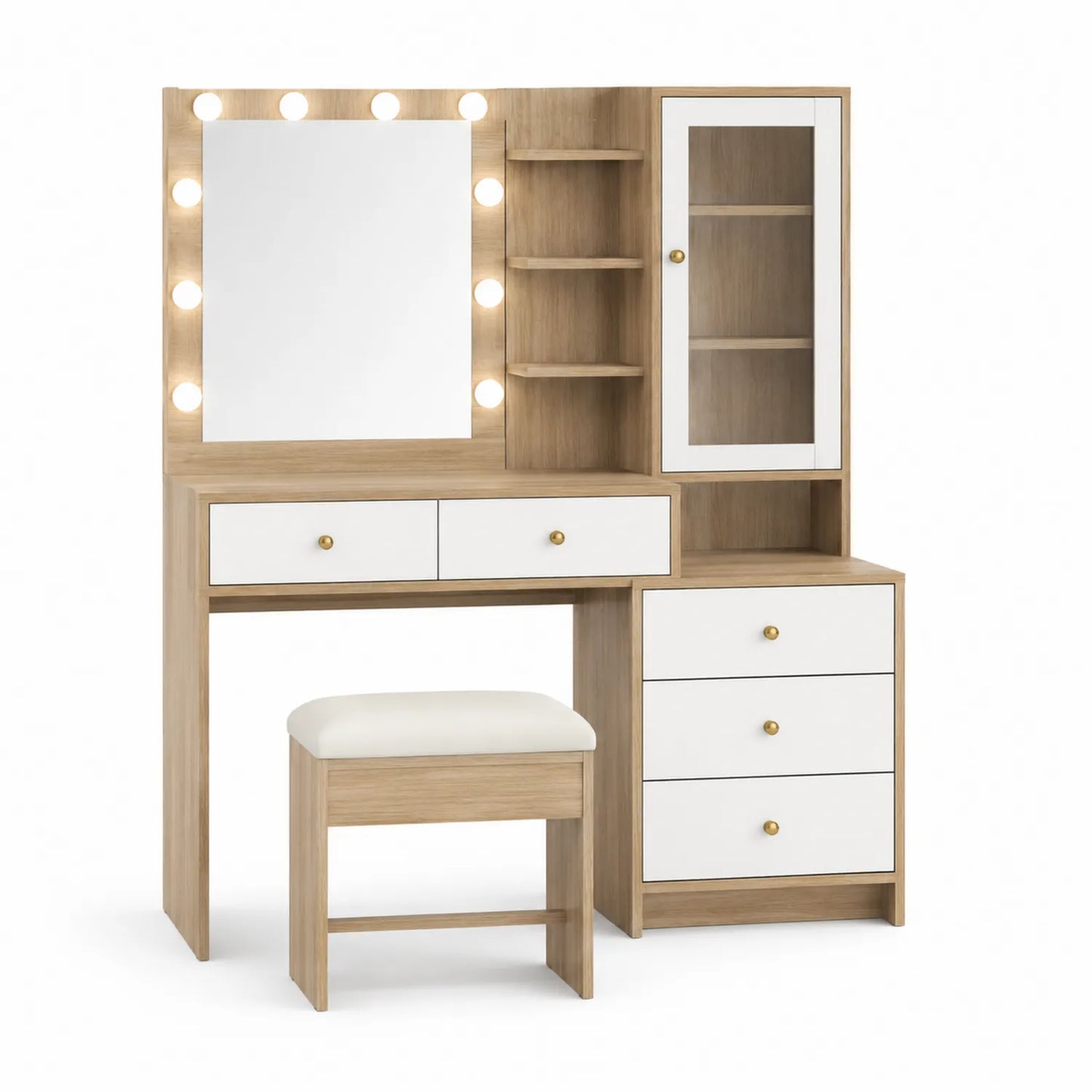 Coiffeuse en Bois avec Miroir Illuminé et Tabouret