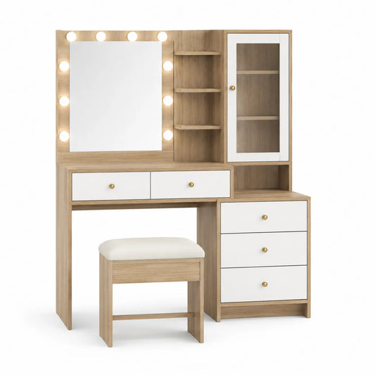 Coiffeuse en Bois avec Miroir Illuminé et Tabouret