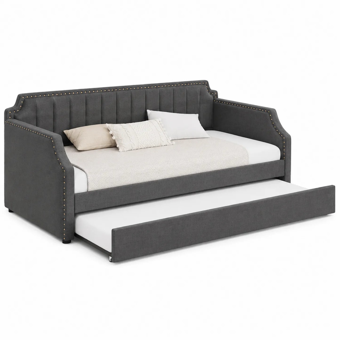 Lit gigogne en tissu avec clous décoratifs gris