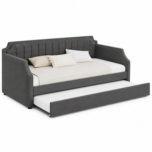 Lit gigogne en tissu avec clous décoratifs gris
