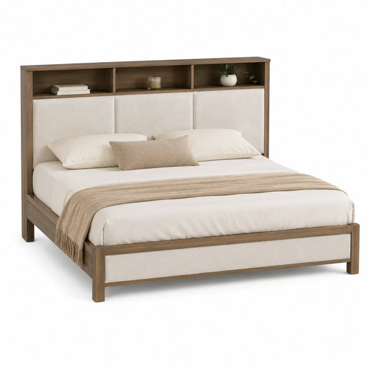 Lit en bois avec tête de lit rembourrée et rangement 200x160 cm