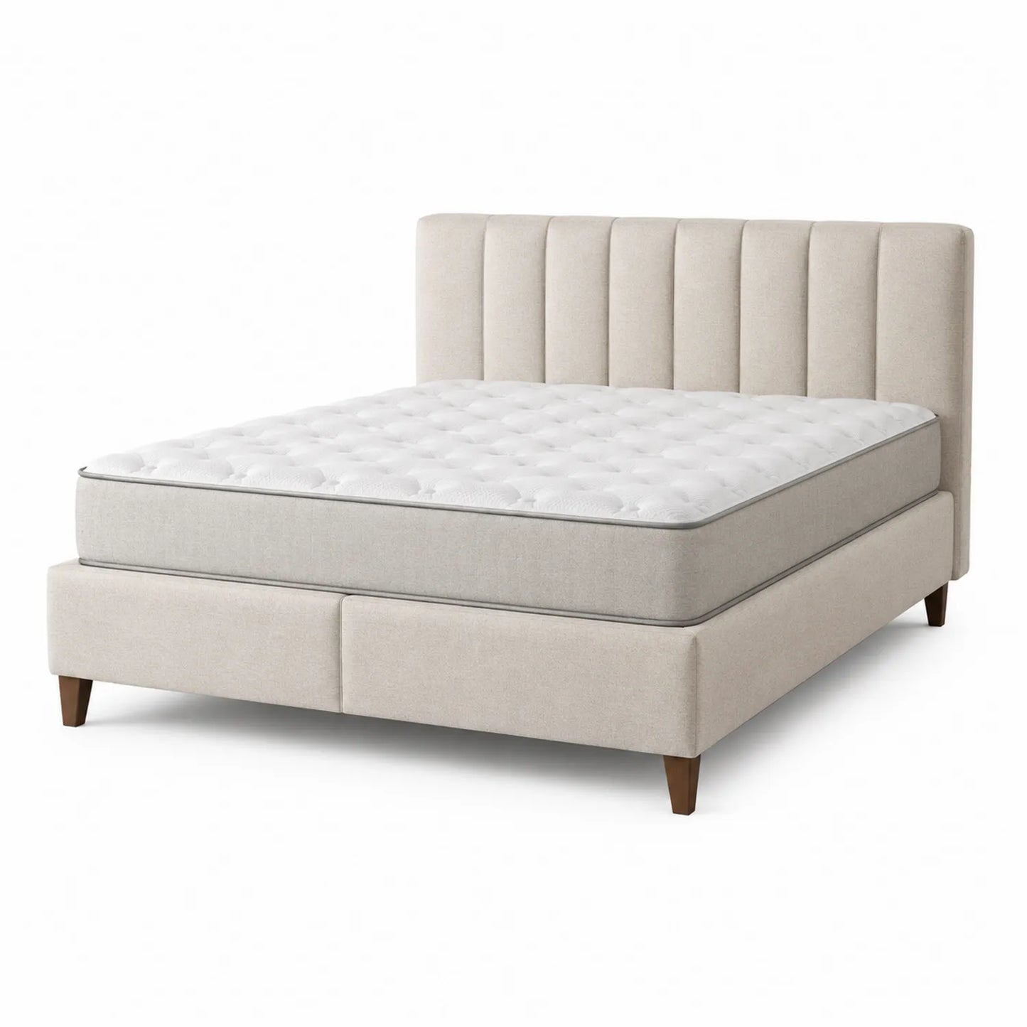 Lit double en tissu avec tête de lit capitonnée et pieds en bois