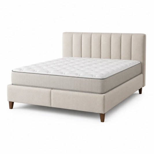 Lit double en tissu avec tête de lit capitonnée et pieds en bois
