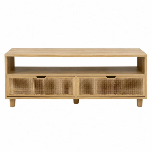 Meuble TV en bois avec tiroirs en rotin 120x40x45 cm