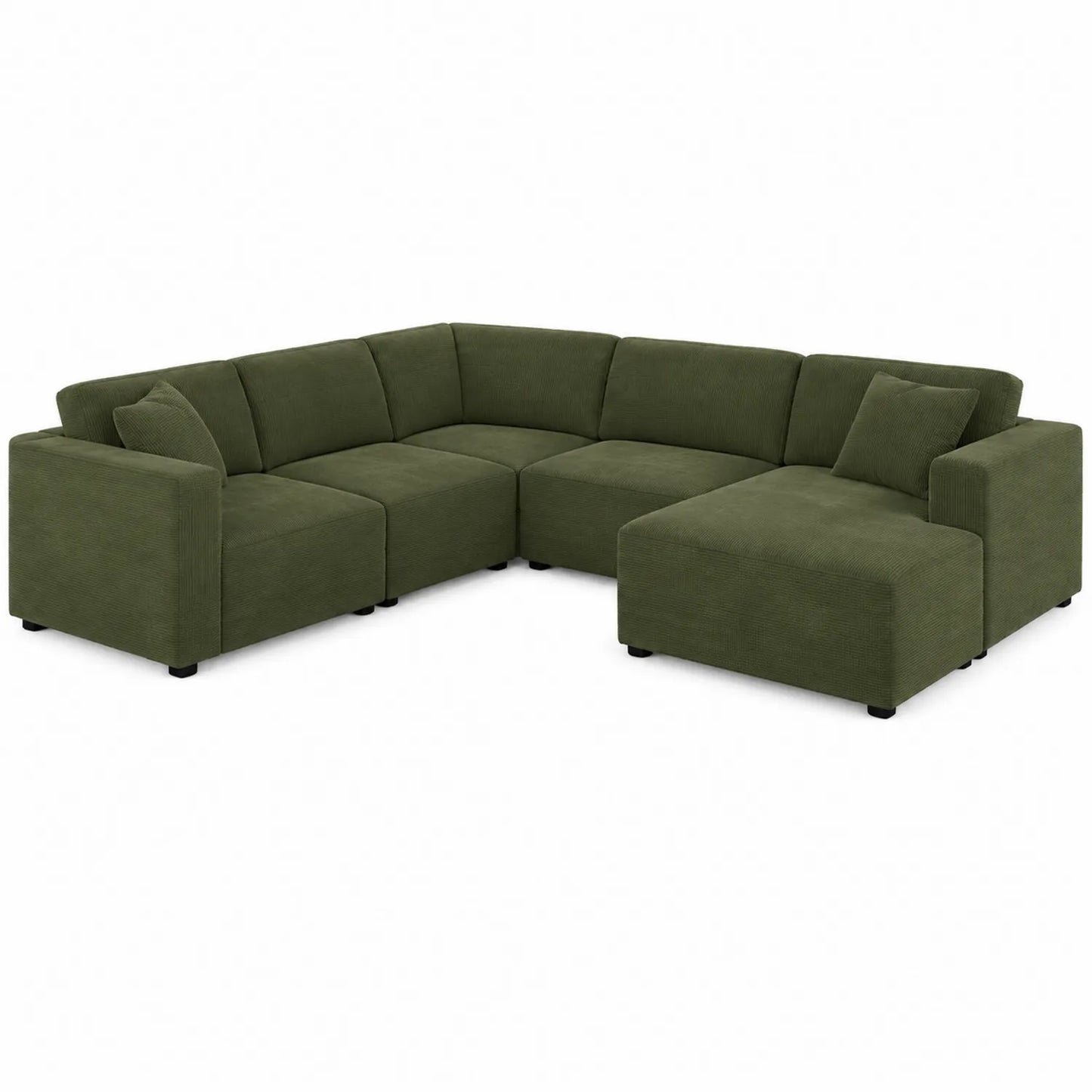 Canapé d'angle modulable en tissu chenille vert olive 6 places