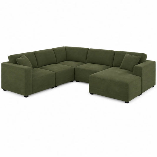 Canapé d'angle modulable en tissu chenille vert olive 6 places