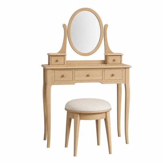 Coiffeuse avec Tabouret en Bois de Chêne avec Miroir Ovale