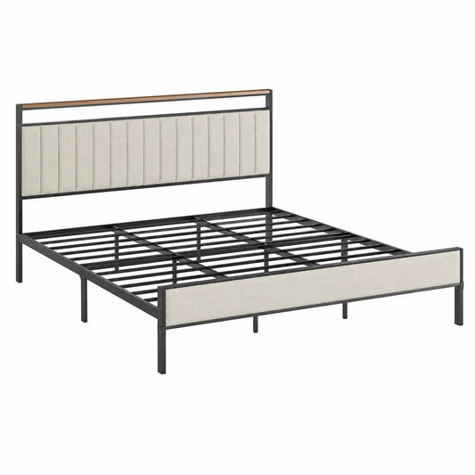 Lit double en métal avec tête de lit en tissu 140x190 cm