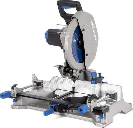 Scie à onglet Evolution S355MCS pour découpe de métal, moteur 2200W, lame inox 90T, inclinaison ajustable