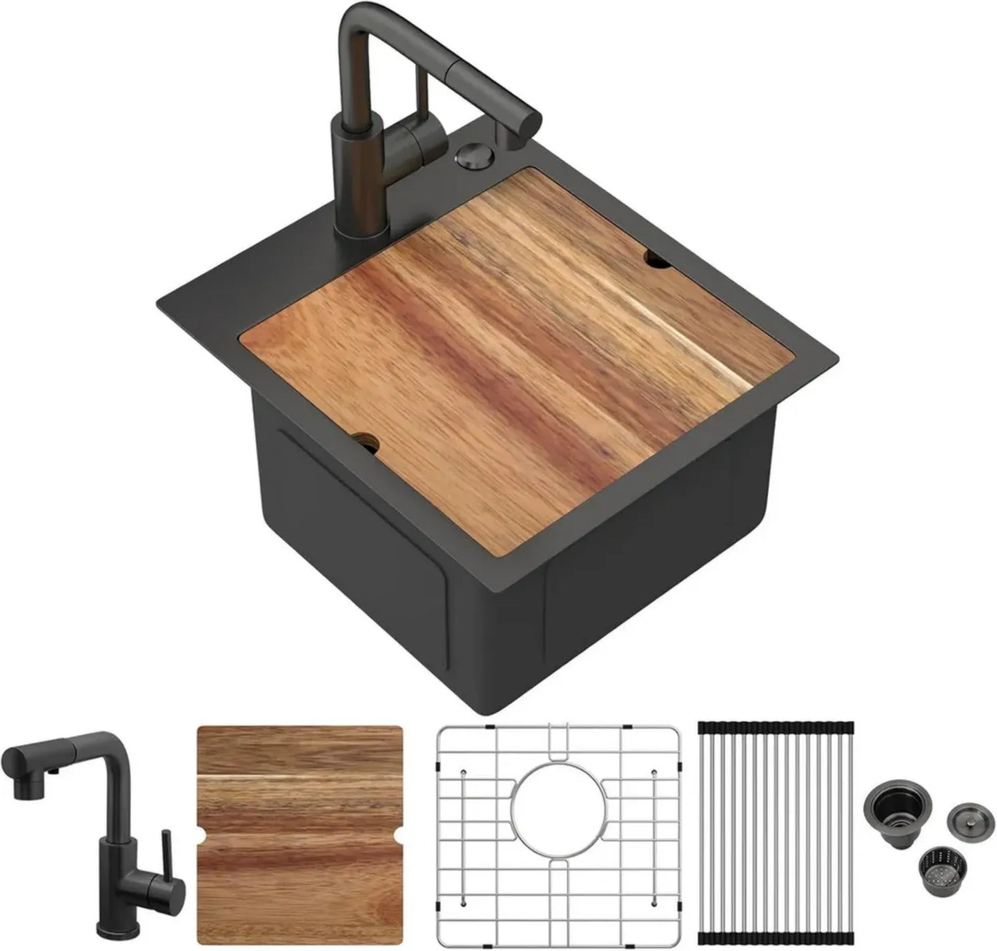 Évier de cuisine extérieur en acier inoxydable noir avec robinet rabattable, 38 x 43 x 23 cm