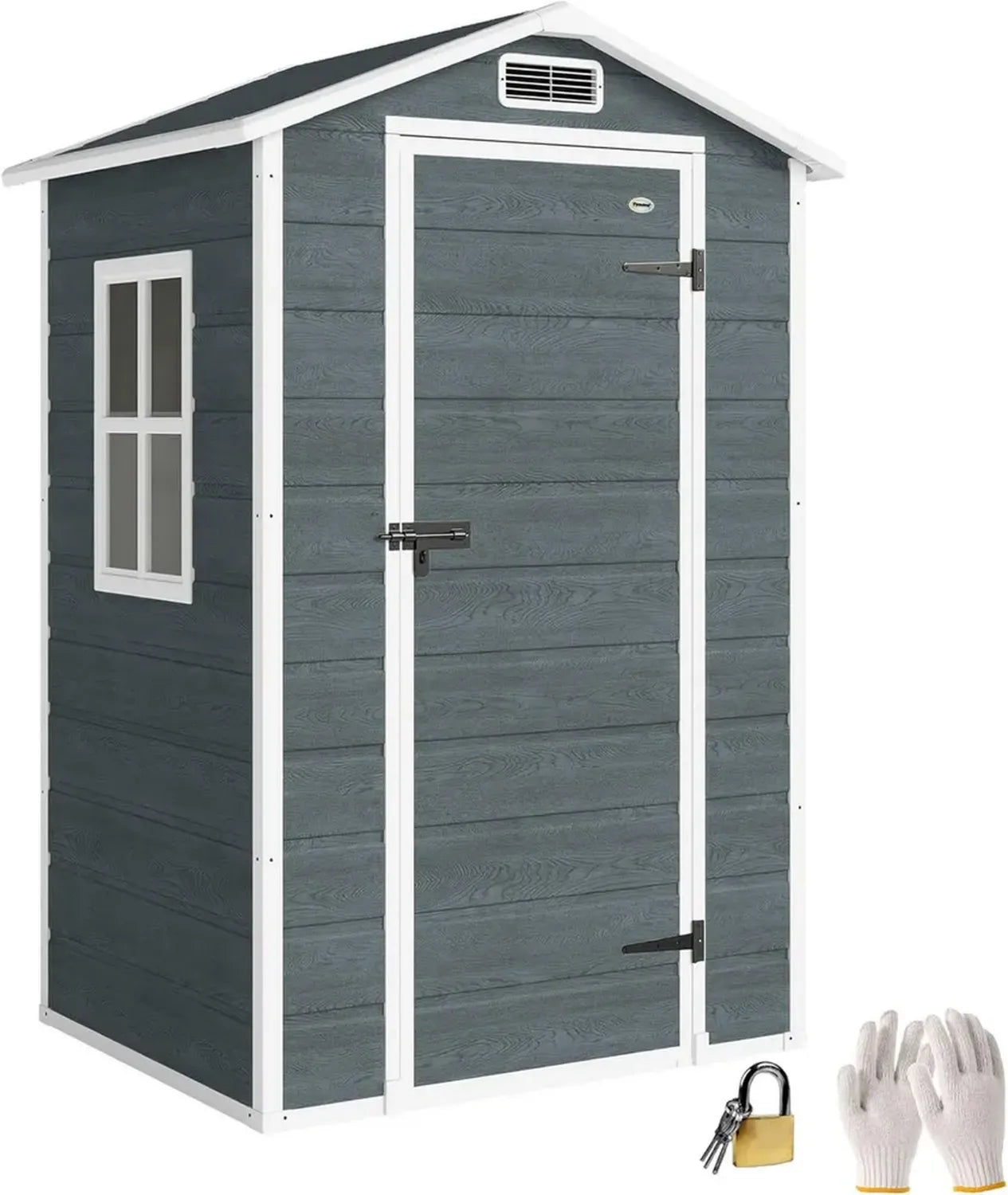 Outsunny Abri de Jardin Résine Imitation Bois 1,09 m² - Cabane de Rangement Extérieur avec Fenêtre et Toit Anti-Pluie, Parfaite pour Outils et Tondeuse, Gris