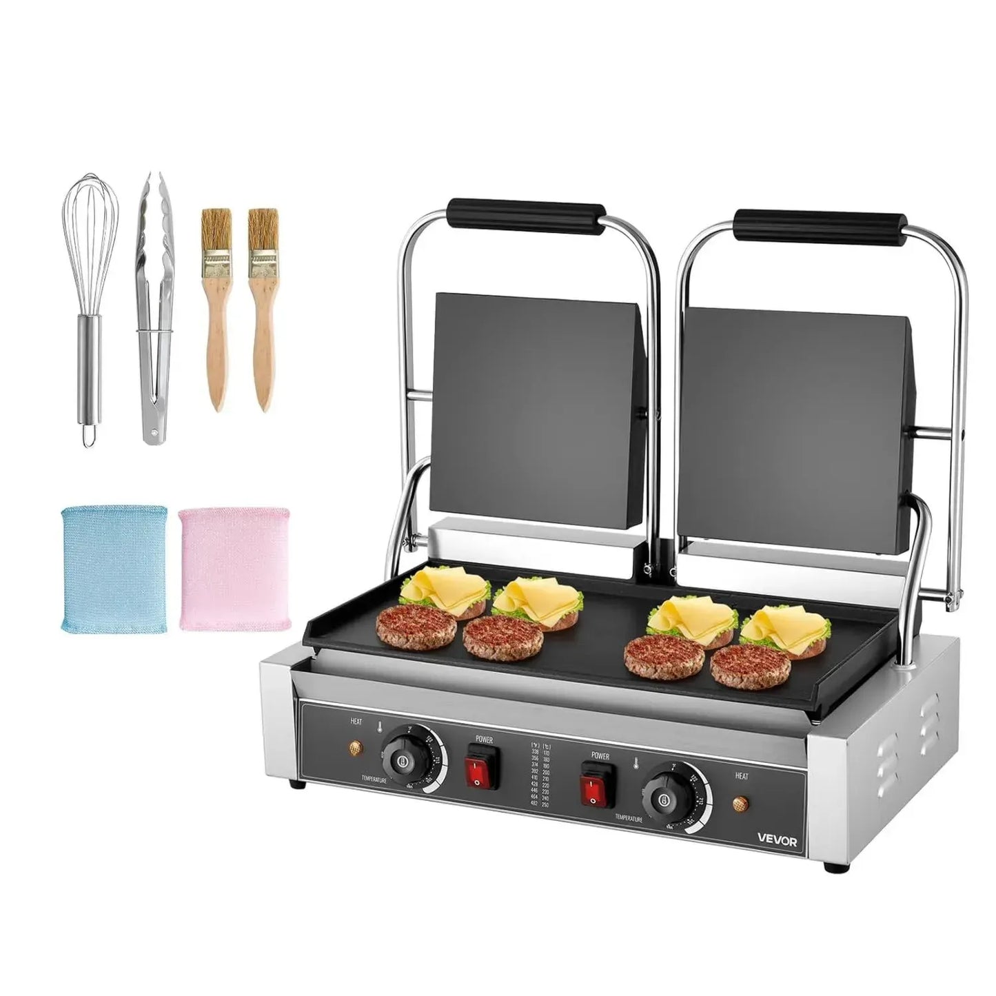 Gril Électrique Panini VEVOR 3600 W, Presse Double avec Plaques Plates Émaillées 48,5x23 cm, Acier Inox, Température Réglable, Idéal pour Sandwich, Burger, Viande
