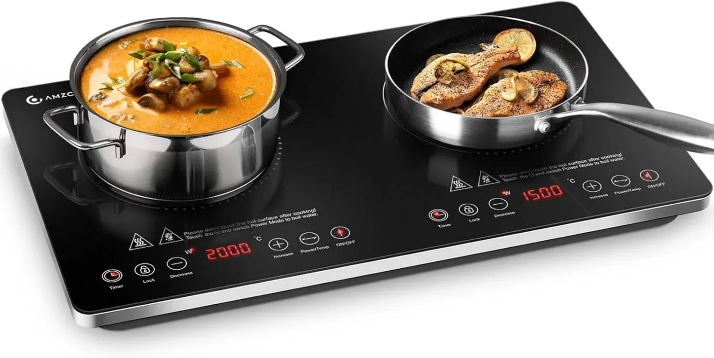 Plaque à Induction Double AMZCHEF, 3500W Portable avec Commandes Séparées, 20 Niveaux de Température, Réglages de Puissance Multiples, Minuterie 4H