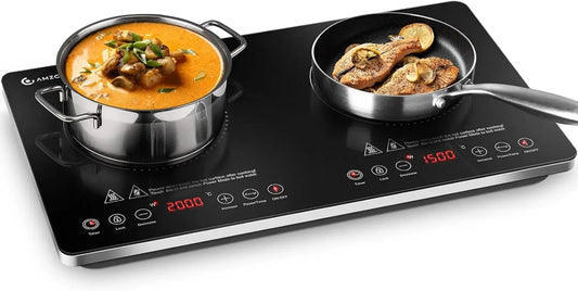 Plaque à Induction Double AMZCHEF, 3500W Portable avec Commandes Séparées, 20 Niveaux de Température, Réglages de Puissance Multiples, Minuterie 4H