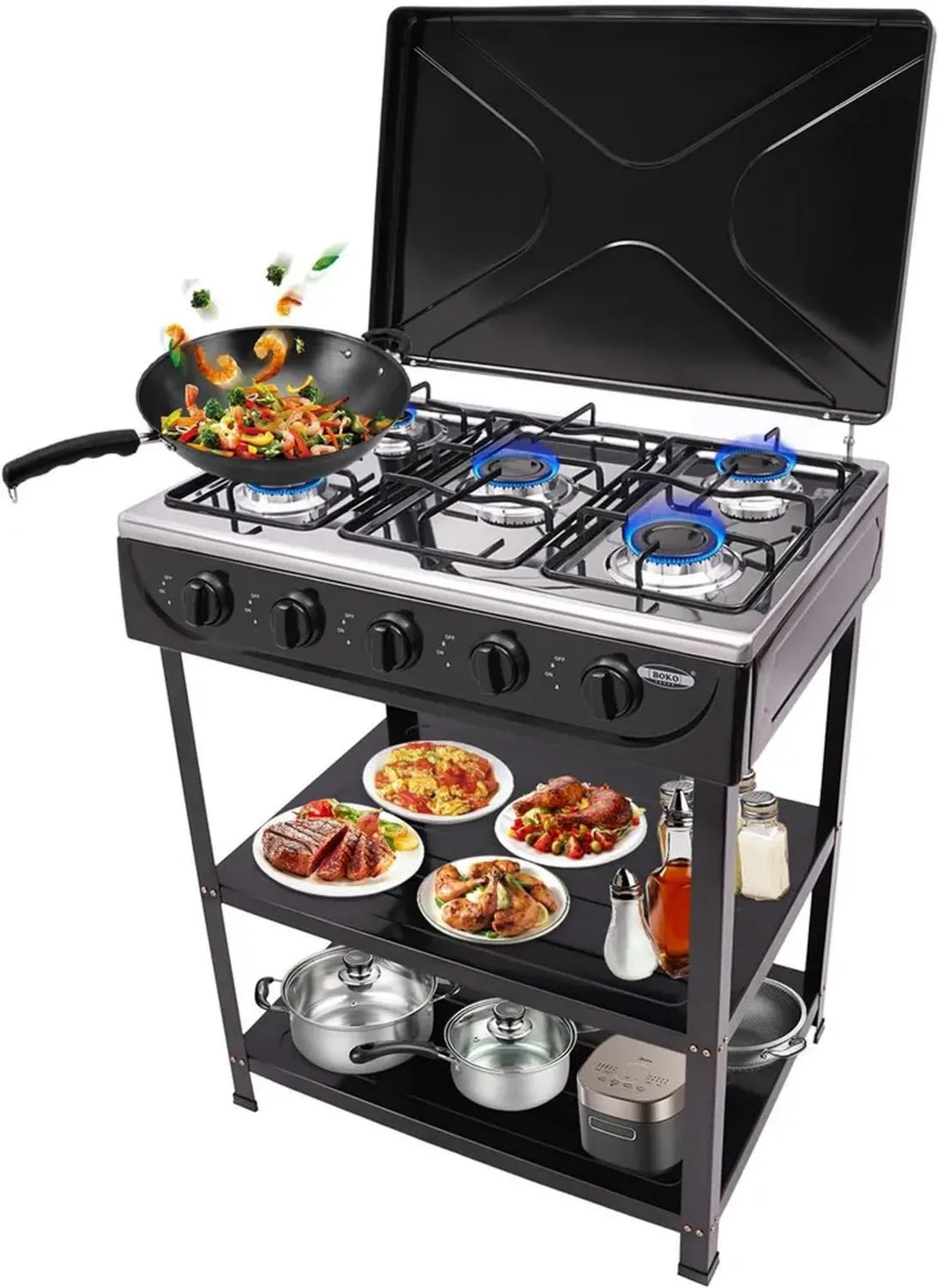 Cuisinière à gaz portable 5 flammes, 2.5 kW, boutons rotatifs, étagère ajustable
