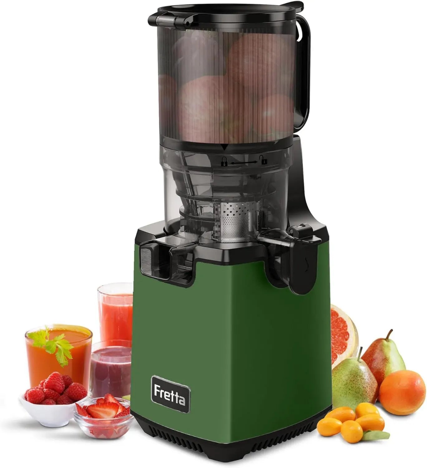 Extracteur de Jus à Mastiquer Fretta, Goulotte Large 135mm pour Fruits et Légumes, Presse-Agrumes Automatique Sans BPA, Facile à Nettoyer, 250W (Vert Foncé)