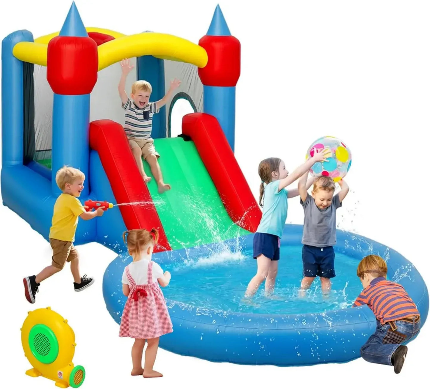 Château Gonflable 4-en-1 pour Enfants avec Soufflerie, Toboggan et Trampoline