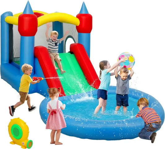 Château Gonflable 4-en-1 pour Enfants avec Soufflerie, Toboggan et Trampoline