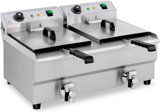Friteuse Électrique Double 2 x 13 L avec Zone Froide et Robinet Professionnel - Royal Catering