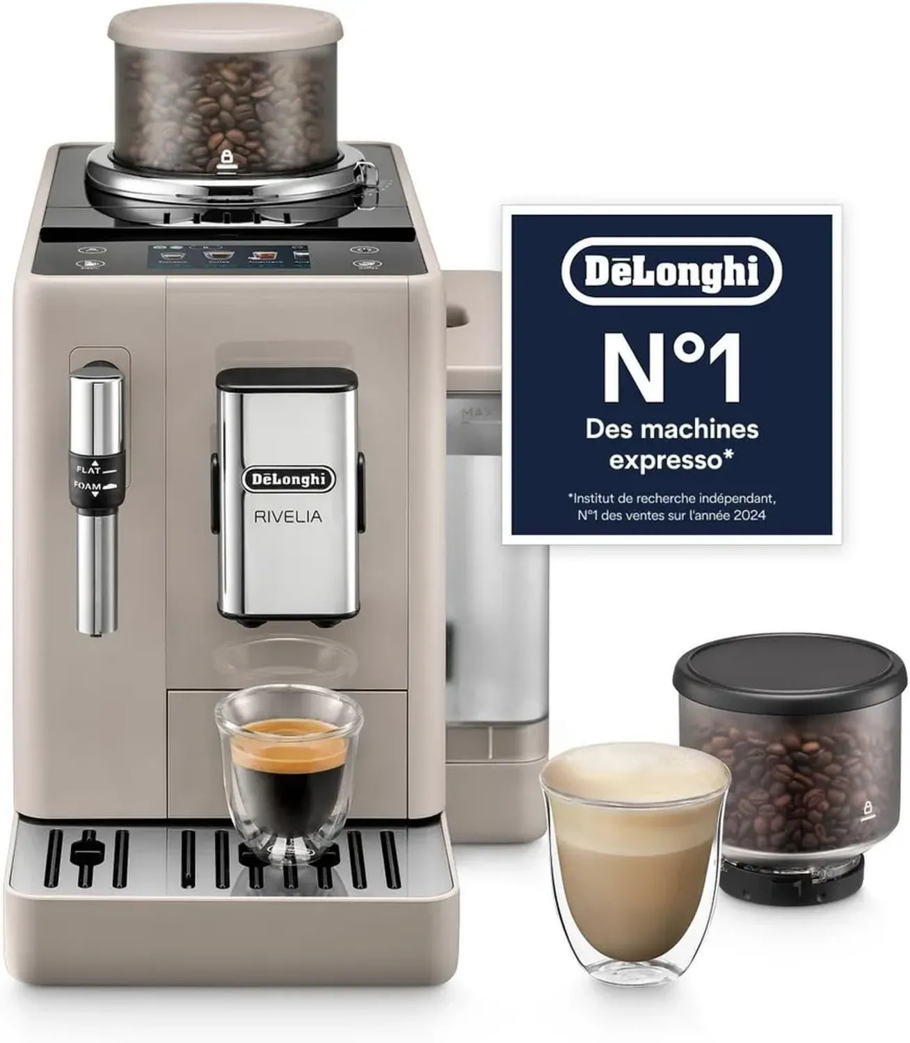 De'Longhi Rivelia - Machine à Café Automatique avec Mousseur à Lait, Écran Tactile, 8 Recettes Programmables, Réservoir de Grains Amovible, Couleur Beige