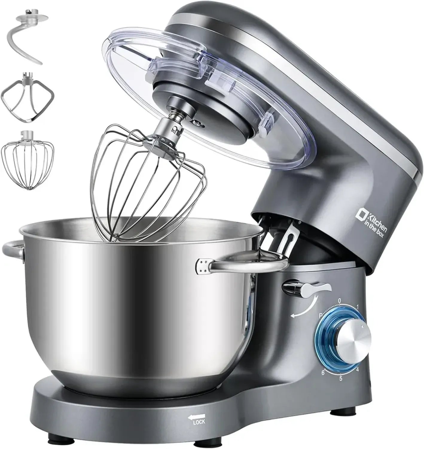Robot Pâtissier 1400W avec Bol Inox 6,2L, 6 Vitesses, Accessoires Inclus, Parfait pour Pâtisserie - Gris
