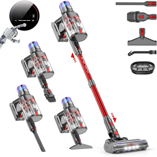 Aspirateur Balai VSTOKY V15 Pro Max sans Fil, 600W, 58Kpa, Autonomie 75min, Écran LED, Double Réservoir, Idéal Sols Durs, Poils d'Animaux et Tapis