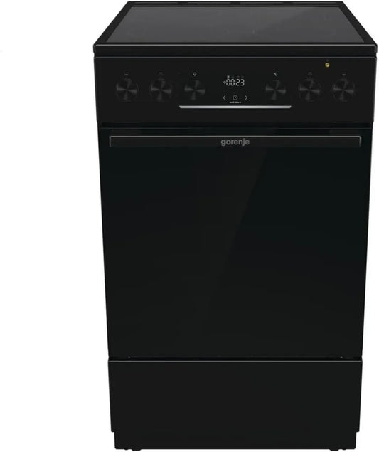 Cuisinière Électrique Gorenje 50 cm Noir avec Plaque Vitrocéramique, Four 70L, GentleClose, Chauffage Rapide, AirFry