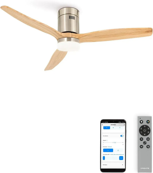 Ventilateur de Plafond WiFi en Bois Clair avec Lumière LED et Télécommande - 132 cm, 6 Vitesses, Minuterie