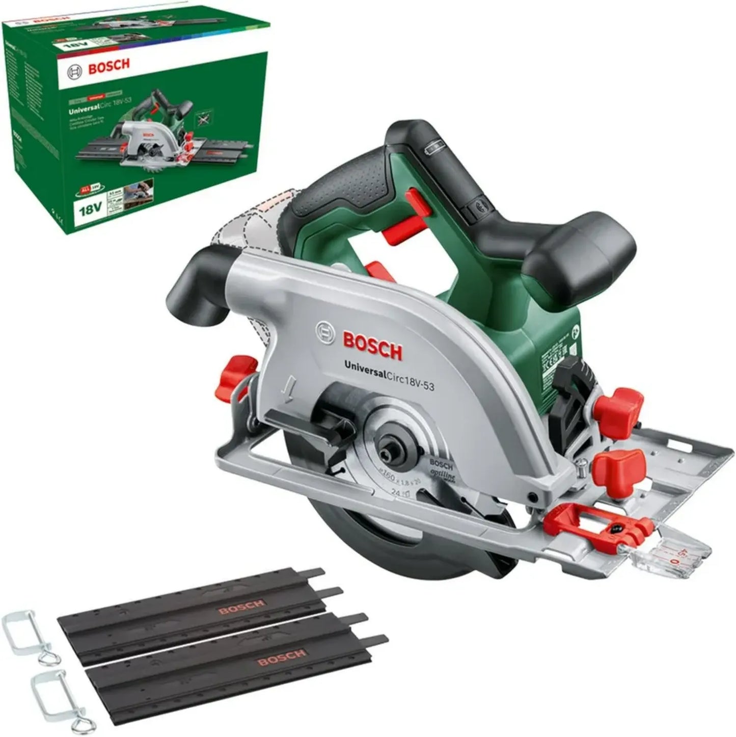 Scie Circulaire Sans Fil Bosch UniversalCirc 18V-53 - Polyvalence pour Tous les Bois, Profondeur de Coupe 53 mm, Kit avec Rails de Guidage, Système 18V