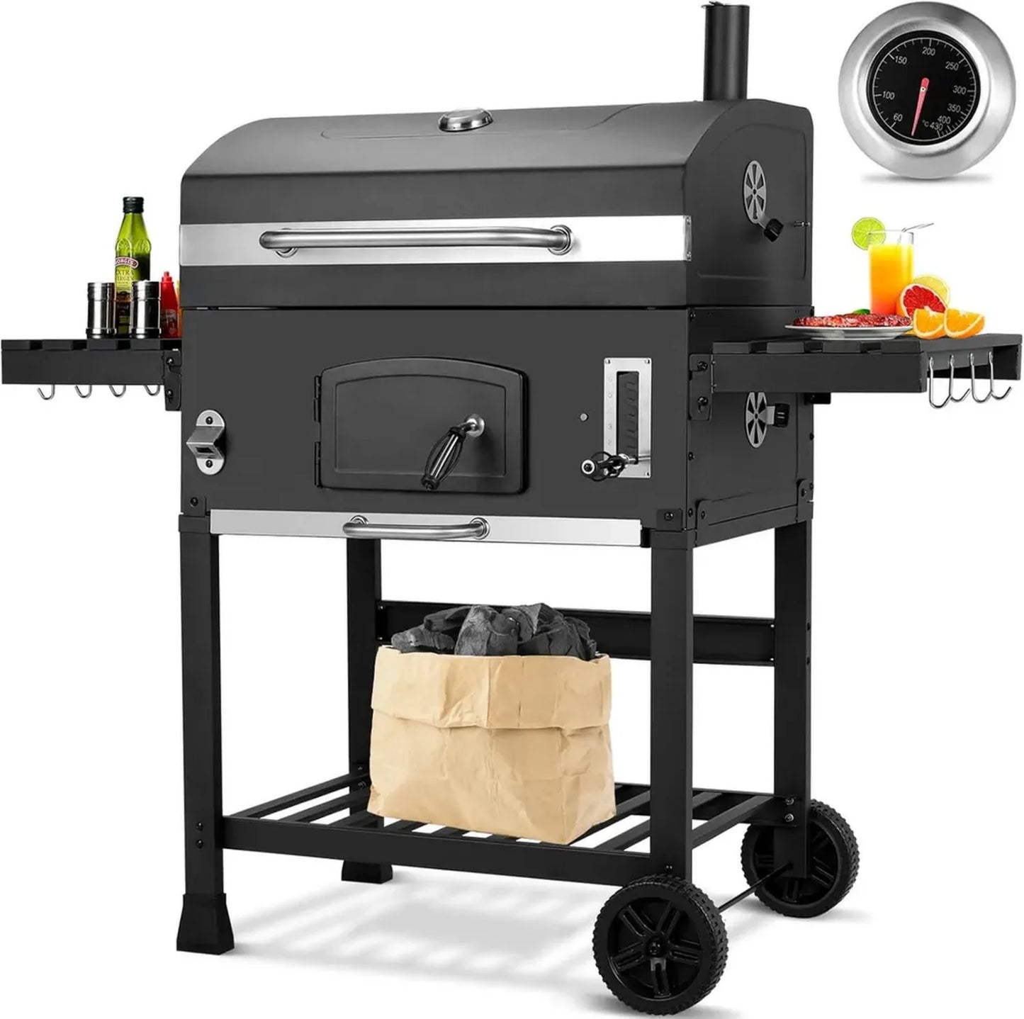 Grill XXL à Charbon avec Fumoir, Thermomètre et Cheminée, Idéal pour Jardin et Camping