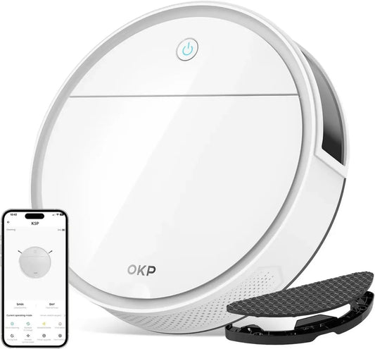 OKP K5Pro Aspirateur Robot 5000Pa, Ultra-Fin 7,7cm, 120min Autonomie, Anti-Enchevêtrement, Recharge Auto, 4 Modes, Compatible Wi-Fi/App/Alexa, Parfait pour Animaux et Sols Durs, Blanc