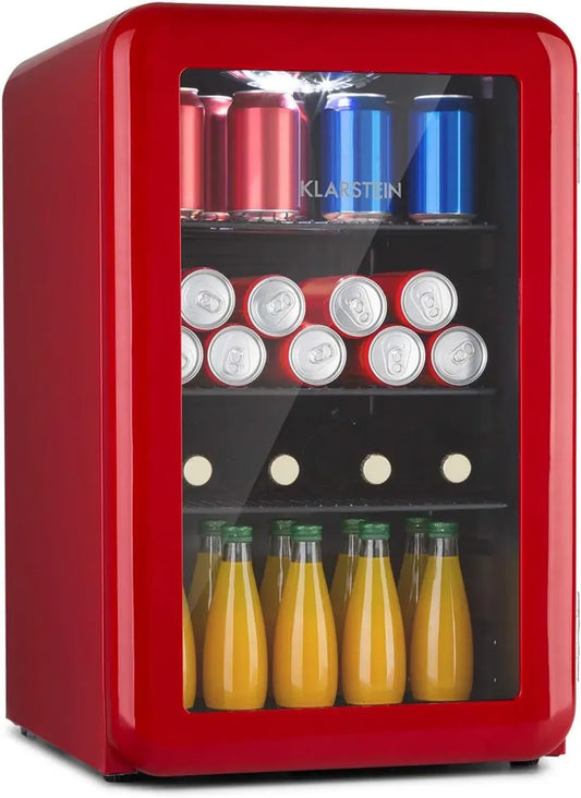 KLARSTEIN PopLife Mini-Bar Rétro 70L, Silencieux 39 dB, Refroidisseur de Boissons Écoresponsable, Température 0-10°C, Porte Double Vitrage, Rouge